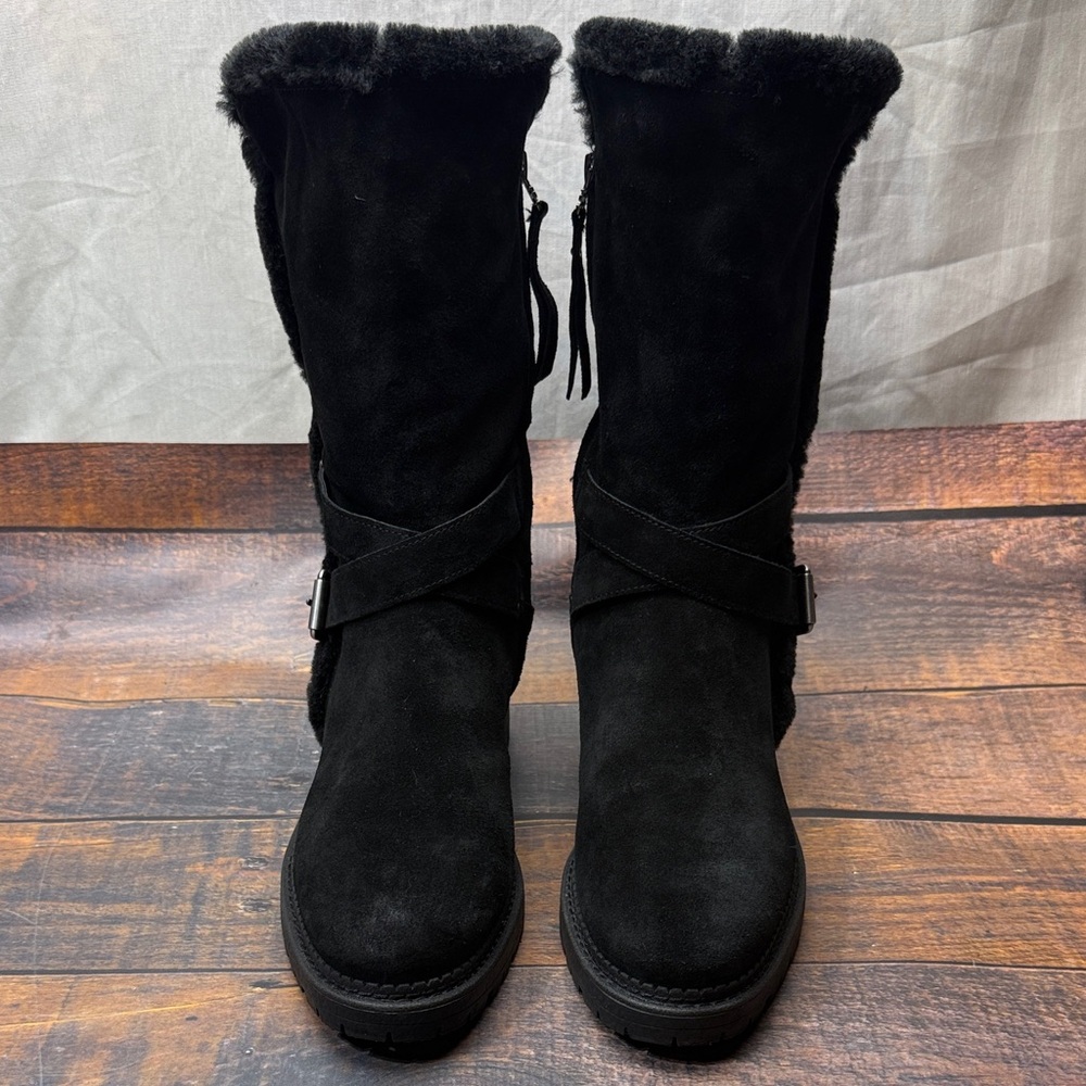Sam Edelman Jailyn Black Suede Faux Fur Lined Mid-Calf Lug Sole Moto Boots 9.5M